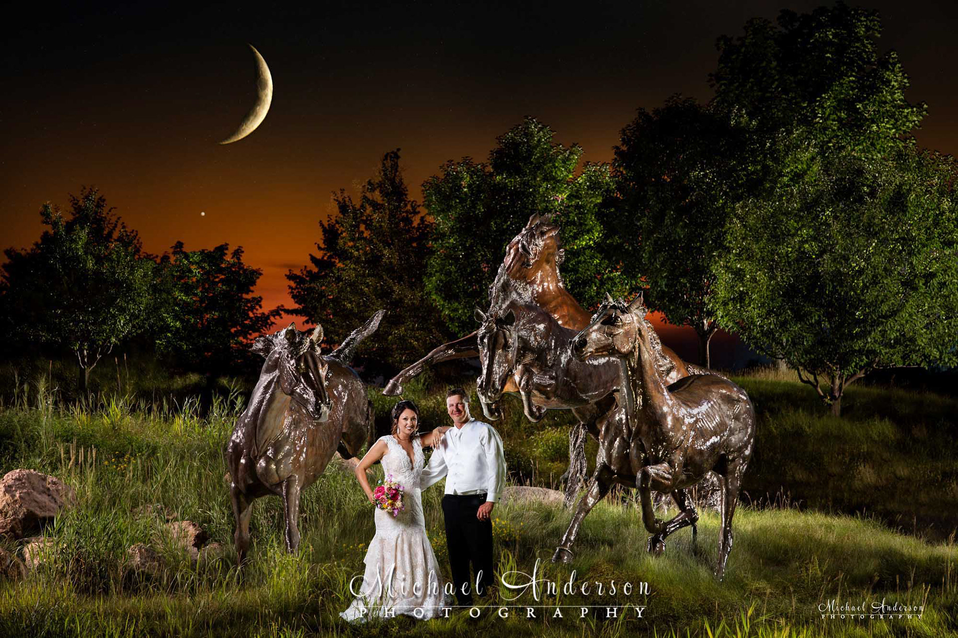 Light painted wedding photograph created on the golf course at Mystic Lake Casino in Prior Lake, MN. A waxing crescent moon and the planet Mercury are also seen in the sky.