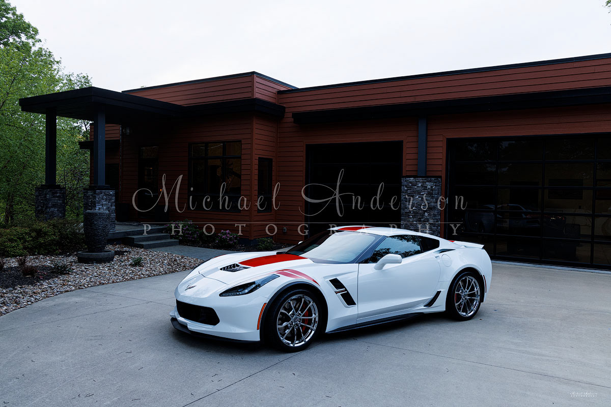A 2017 Corvette Grand Sport, prior to light painting it, in front of the clients home at Lake of the Ozarks in Missouri.