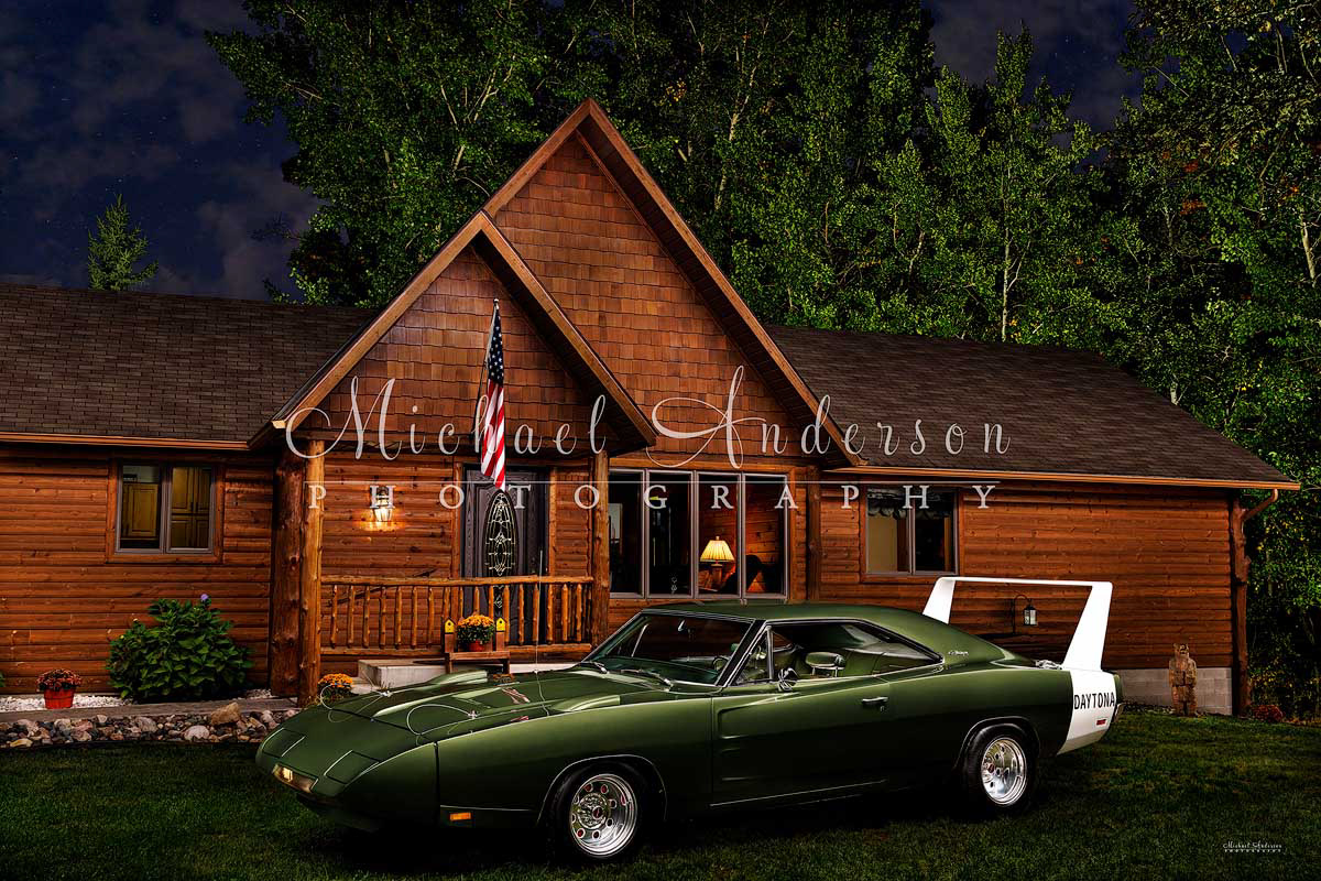 A stunning light painted photograph of a rare 1969 Dodge Daytona.