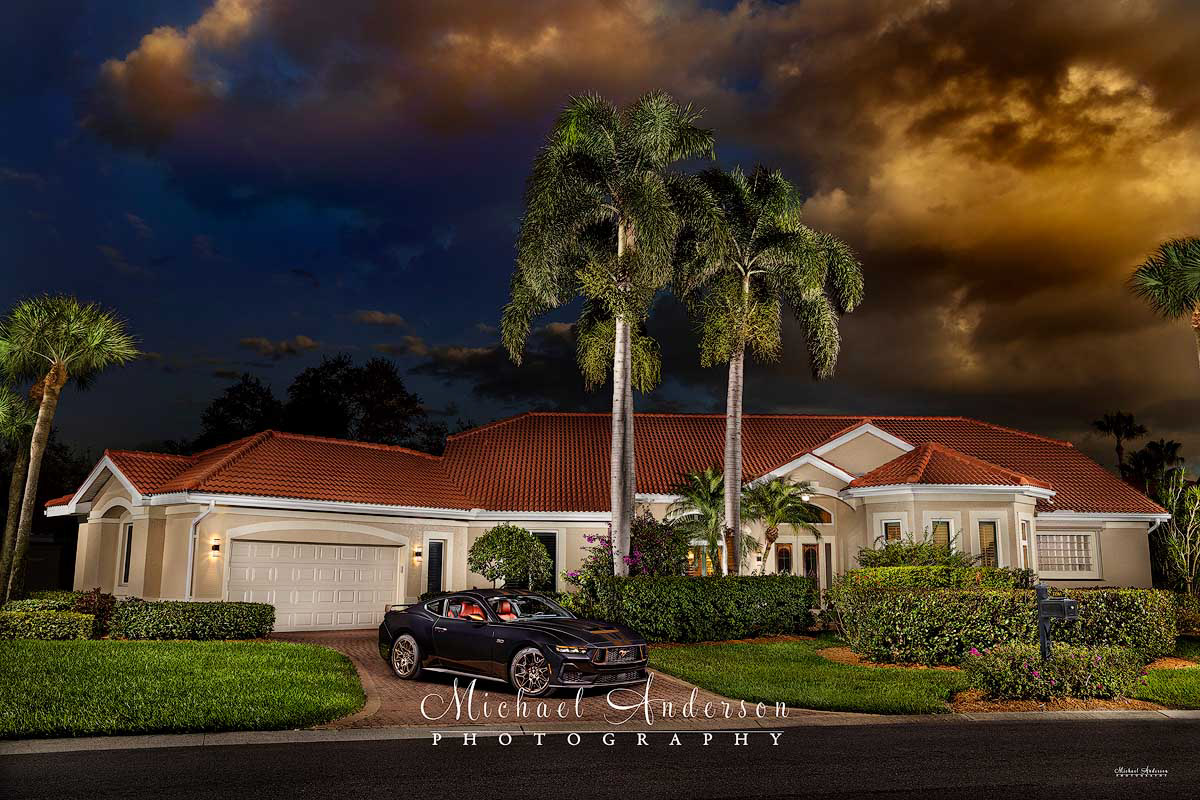 A pretty light painted photograph of a 2024 Ford Mustang GT Performance and the client's home in Florida.