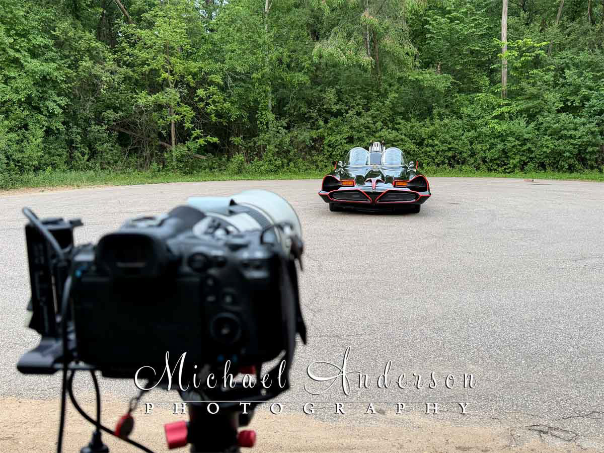 Behind-the-scenes photo of the setup to light-paint the front end of the Batmobile.