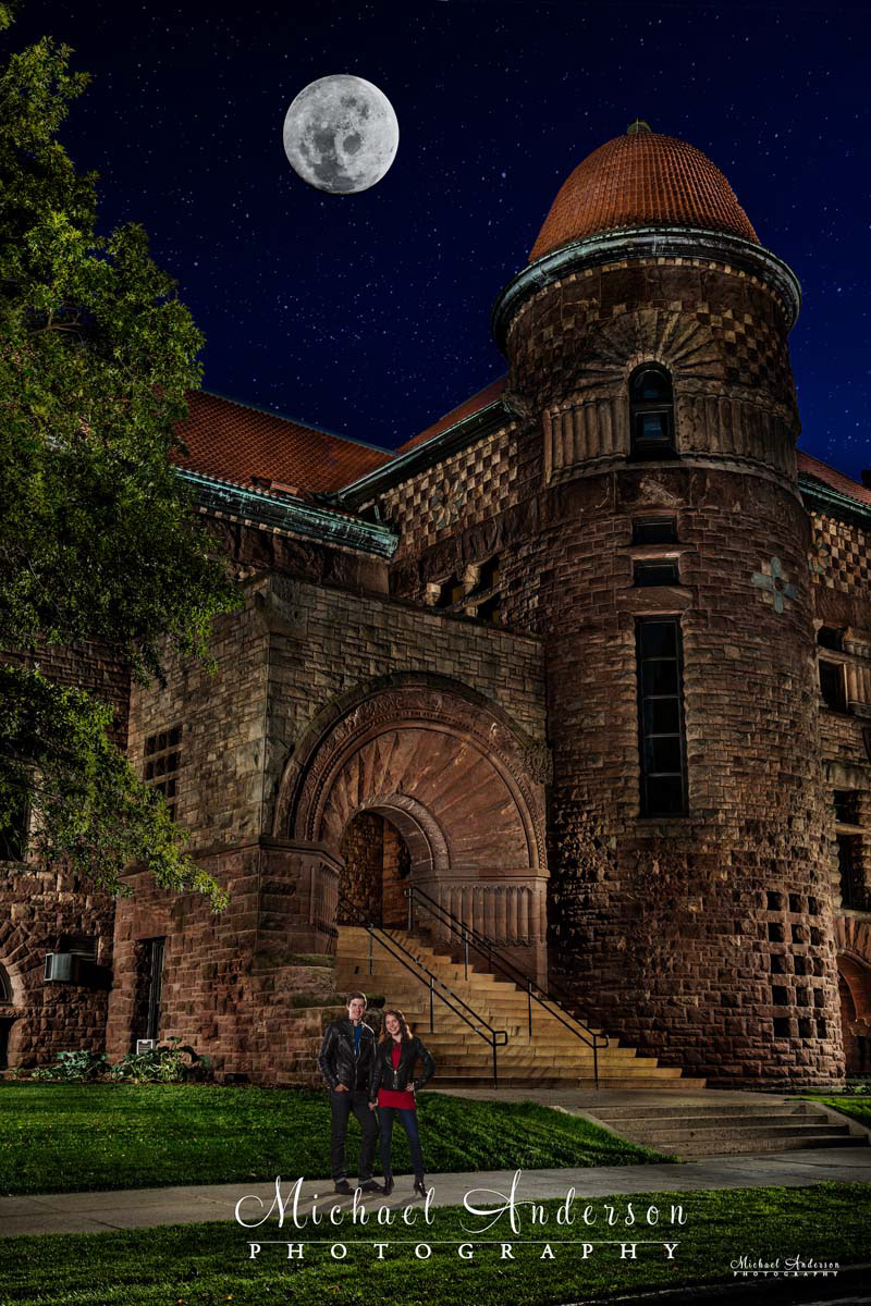 An amazing light painted portrait of a cute couple and the Pillsbury Building on the University of Minnesota Campus.