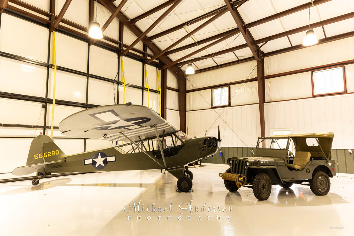 The setup photo for the light painting of Piper L-4 N33579 and a Willys “MB” Jeep.
