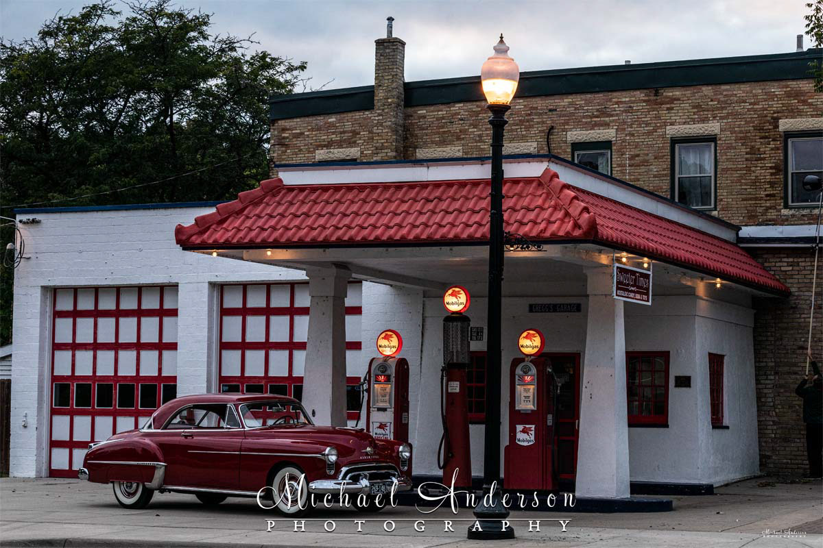 The "set-up" image of a 1950 Oldsmobile 88 Holiday Coupe before light painting. The location is Gregg's Garage Vintage Restored Gas Station in Carver, MN.