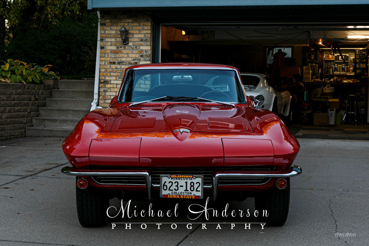 Photo of the front end of a red 1964 Corvette Sting Ray prior to light painting it..