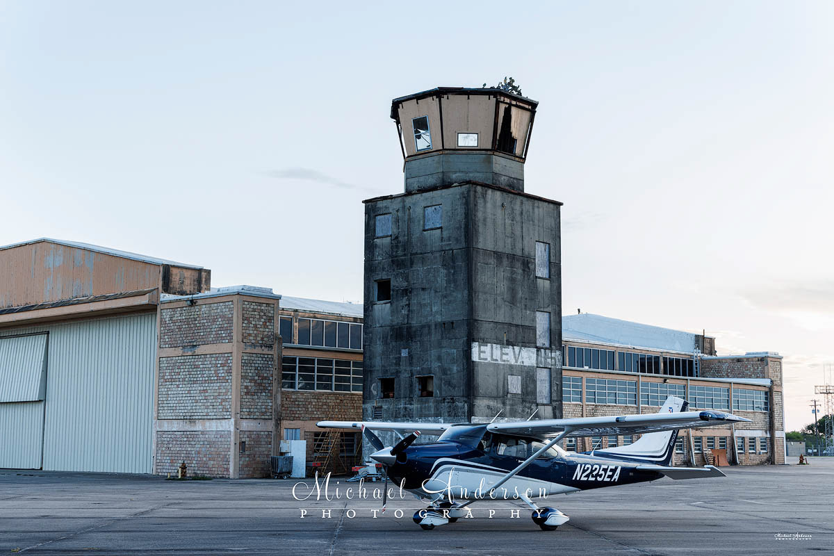 The set up photo for light painting Cessna 182 N225EA.. The old hangar at RGV Wing Commemorative Airport in Los Fresnos, Texas was the backdrop.