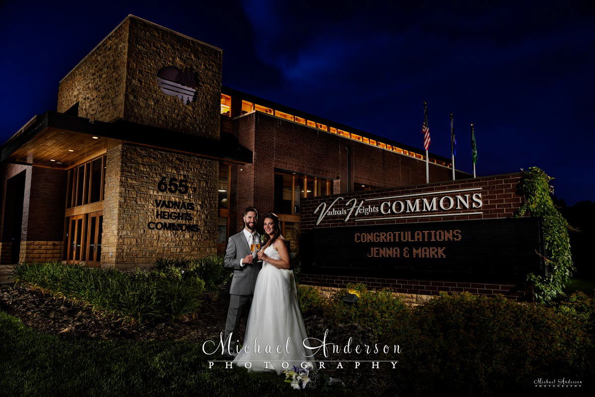 A pretty light painted wedding photo of the bride and groom at Vadnais Heights Commons, in Vadnais Heights, Minnesota.