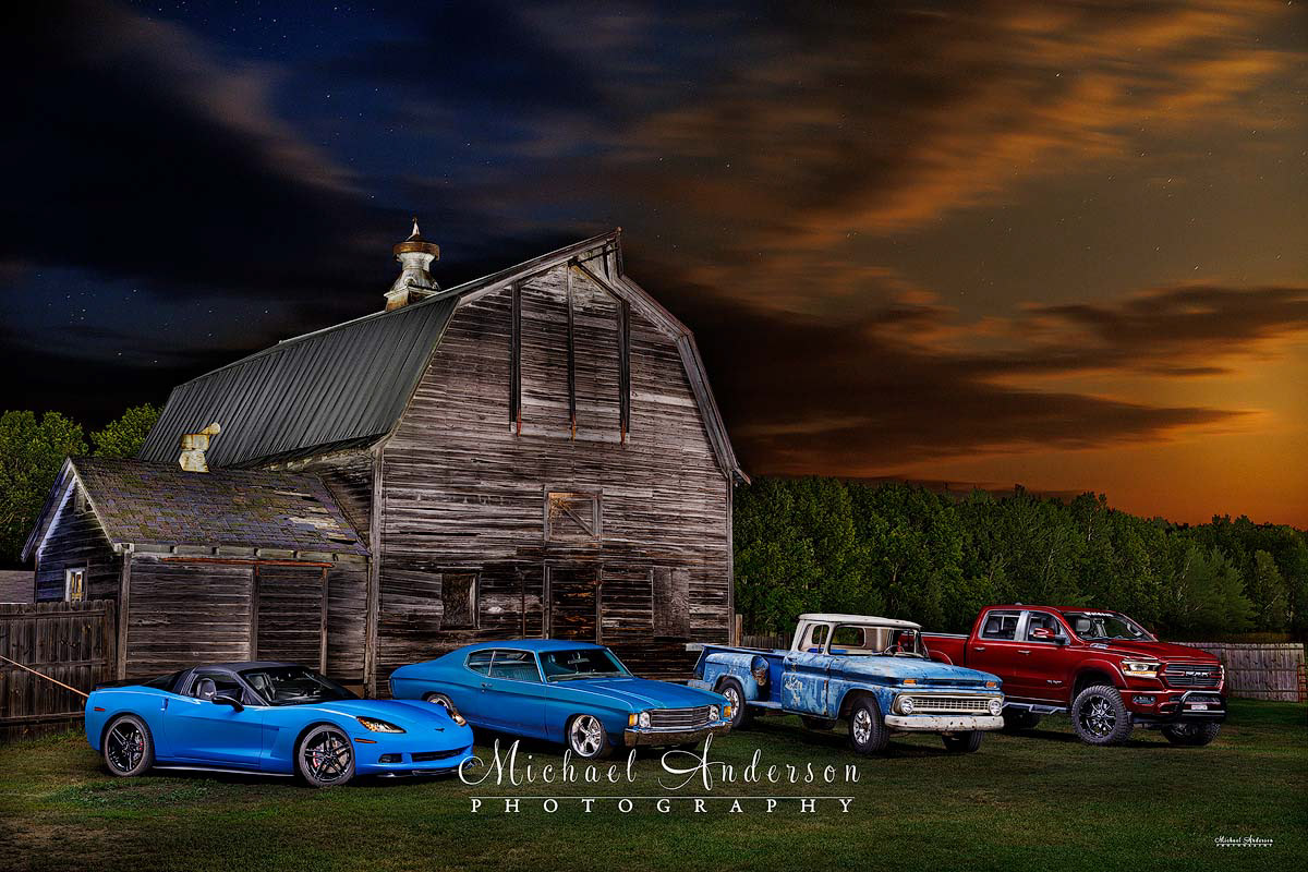 A cool light painted photograph of a 2009 Corvette, a 1972 Chevelle, a 1963 Chevy Stepside C20, and a 2021 Dodge Ram truck.