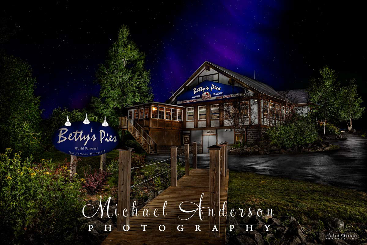 A stunning light painting of the "World-Famous" Betty's Pies in Two Harbors, Minnesota. The Aurora Borealis is in view.