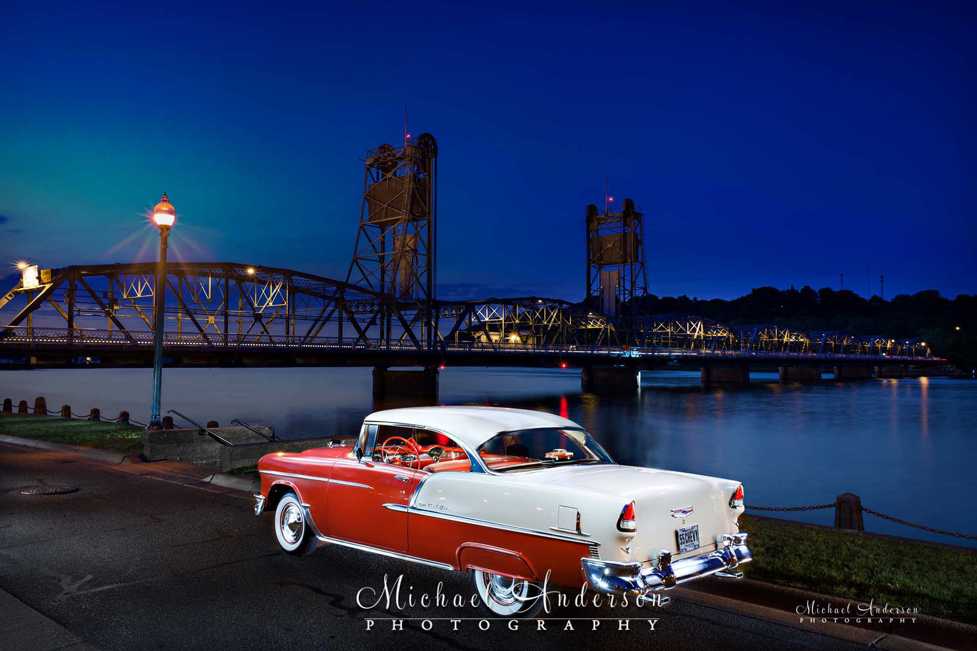 Light painted photograph 1955 Chevrolet BelAir Stillwater Lift Bridge Stillwater MN.