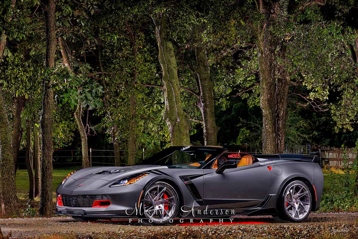 A beautiful light painted photograph of a 2015 C7 Corvette Z06 created at a ranch in Oklahoma.