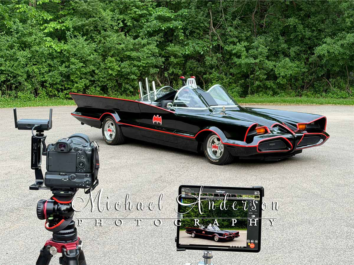 The setup to light-paint the Batmobile on a street in Gotham City.