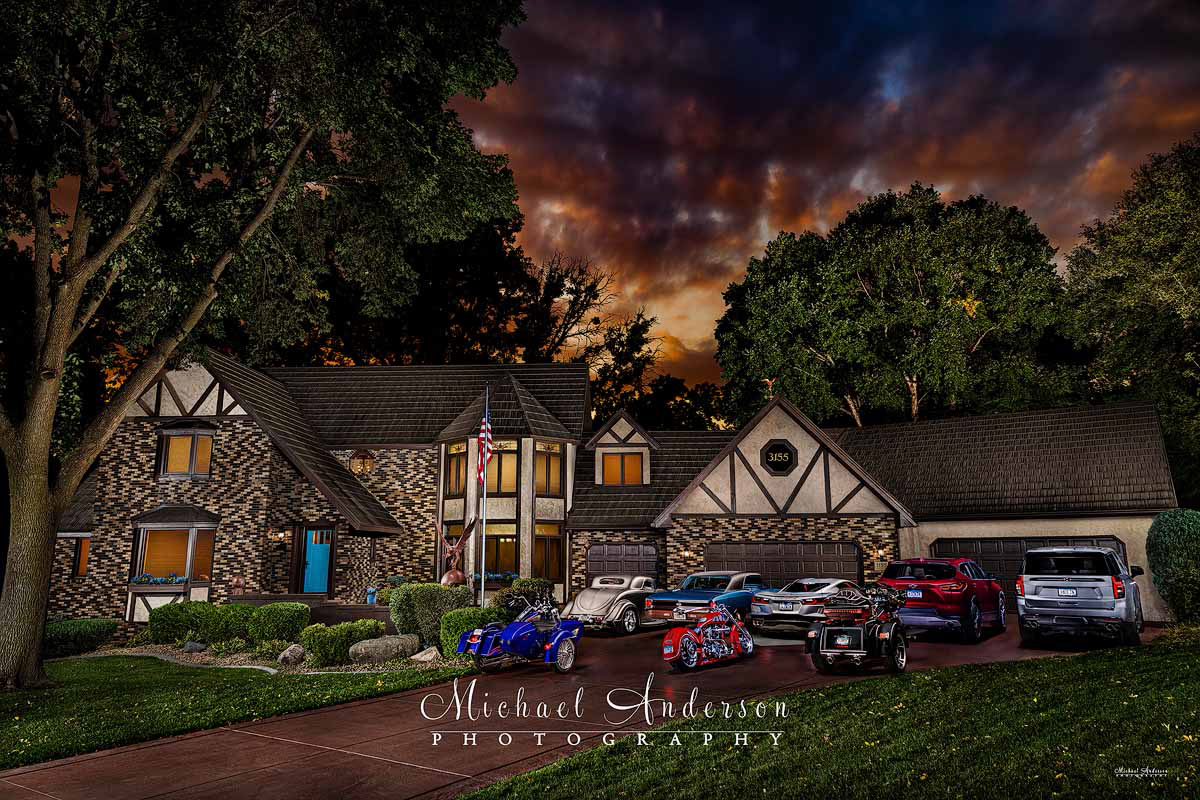 An amazing light painted photograph that includes 8 vehicles as well as the client's beautiful home! The 3 Motorcycles are a 1995 Custom Harley-Davidson Road King, a Custom 2005 Speedway Chopper, a 2022 CVO Harley-Davidson. The other 5 Vehicles are a ’34 Ford 3-Window Coupe, a Marina Blue 1967 Chevelle, a 2023 Z3 Corvette Stingray Coupe 3LT, a 2024 Chevy Blazer AWD, and a 2023 Chevy Tahoe 4WD RST.