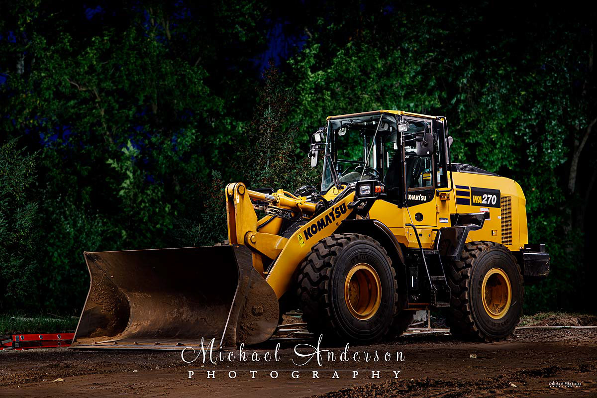 Light painted photograph of a Komatsu WA270-8 front loader.