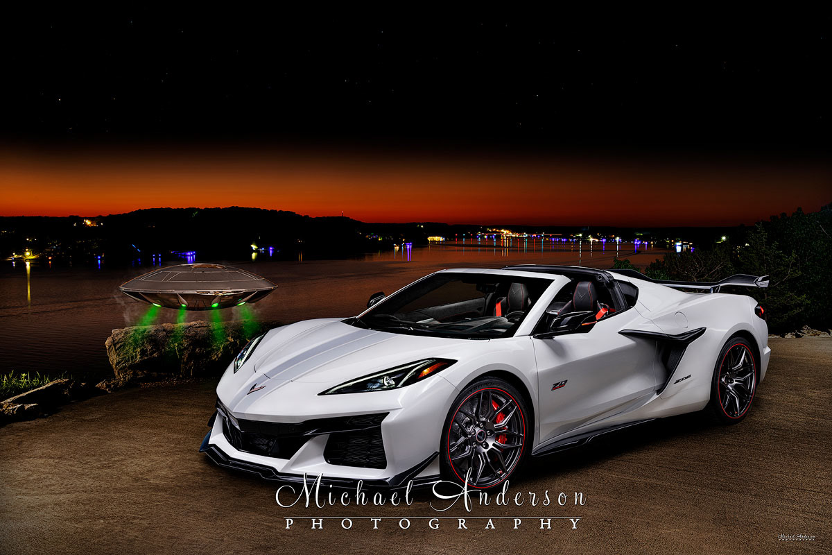 A pretty light painted photograph of a stunning 2023 Z06 Corvette and the flying saucer from the Hollywood hit movie, Men In Black.