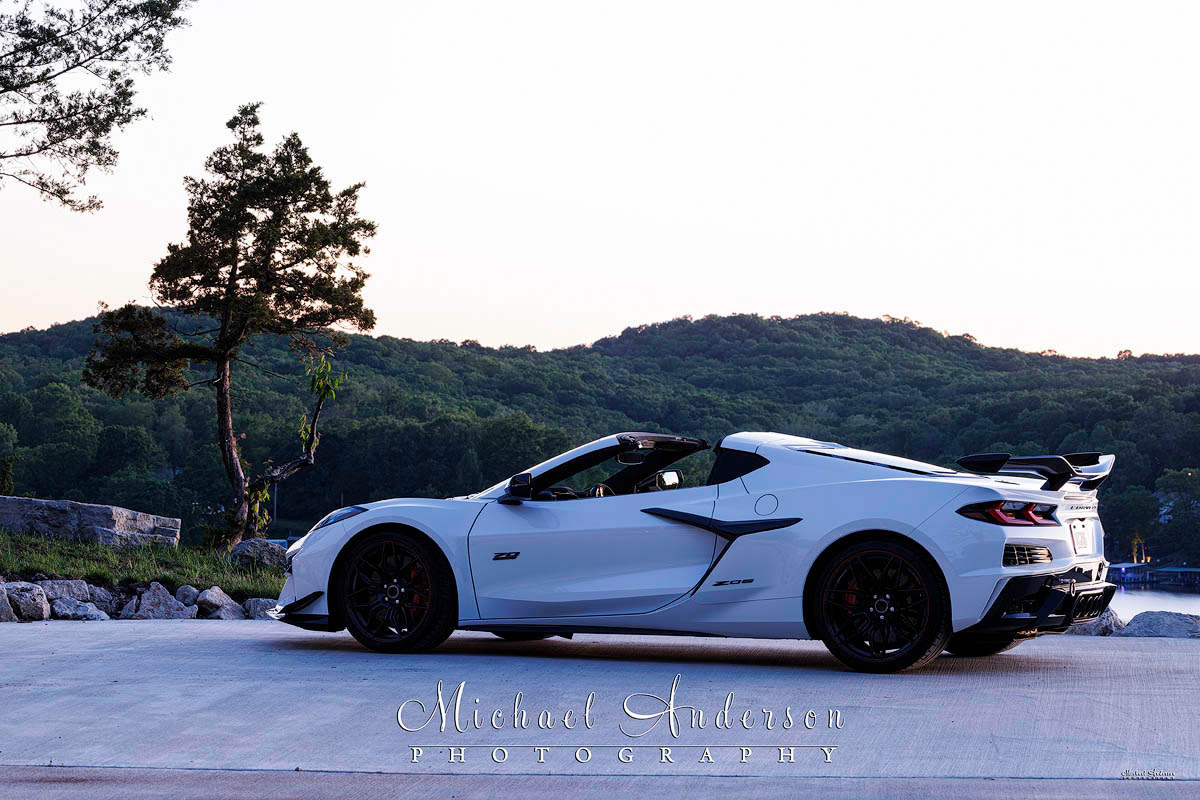 A white 2023 70th Anniversary Z06 all setup and ready to light paint.