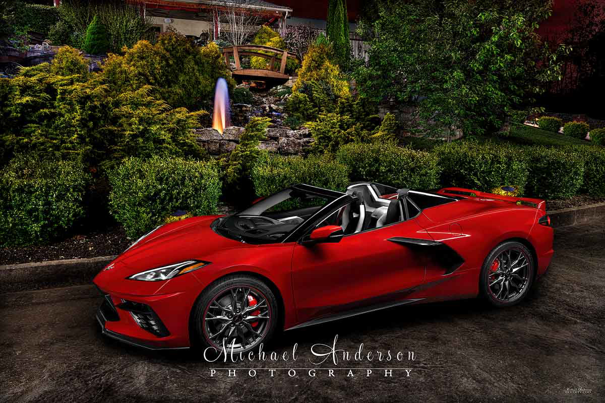 A pretty light painted photograph of a 2023 Torch Red C8 Corvette Stingray created at Seven Springs Winery in Lynn Creek, Missouri.