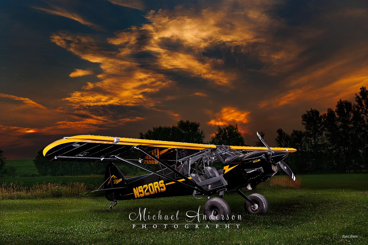 A pretty light painting of CubCrafters XCub N920RS. Image was created at sunset at Hickory Oaks Campground in Oshkosh, Wisconsin.