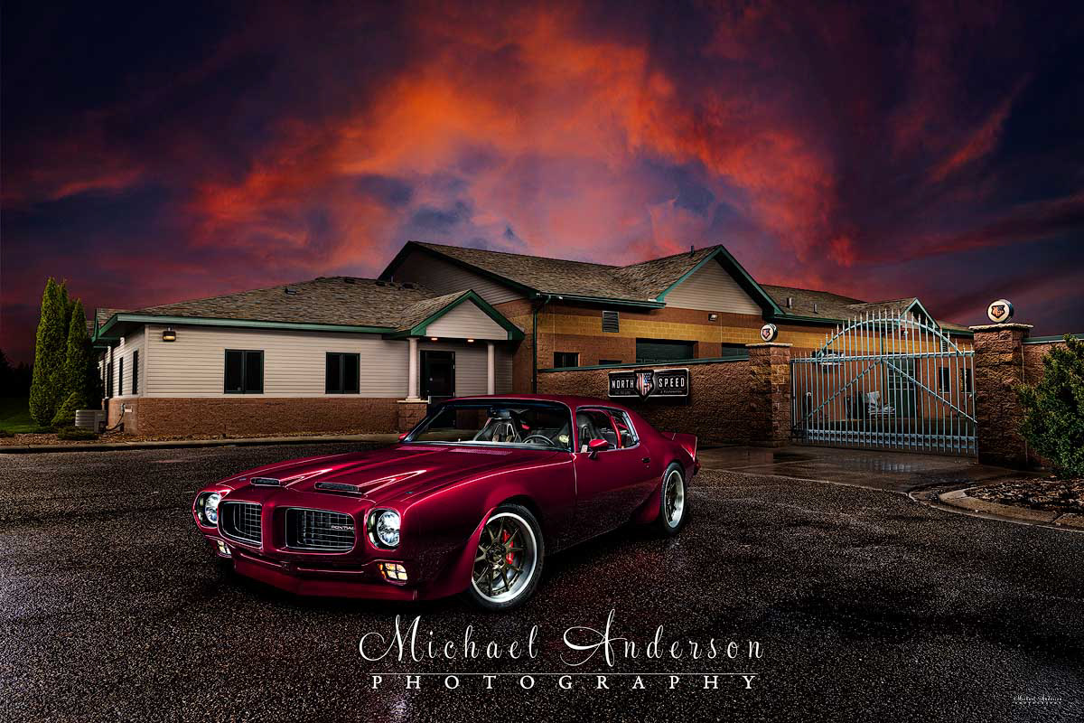 A stunning light painted photo of a 1973 Pontiac Firebird created at North Speed and Restoration in East Bethel, MN.