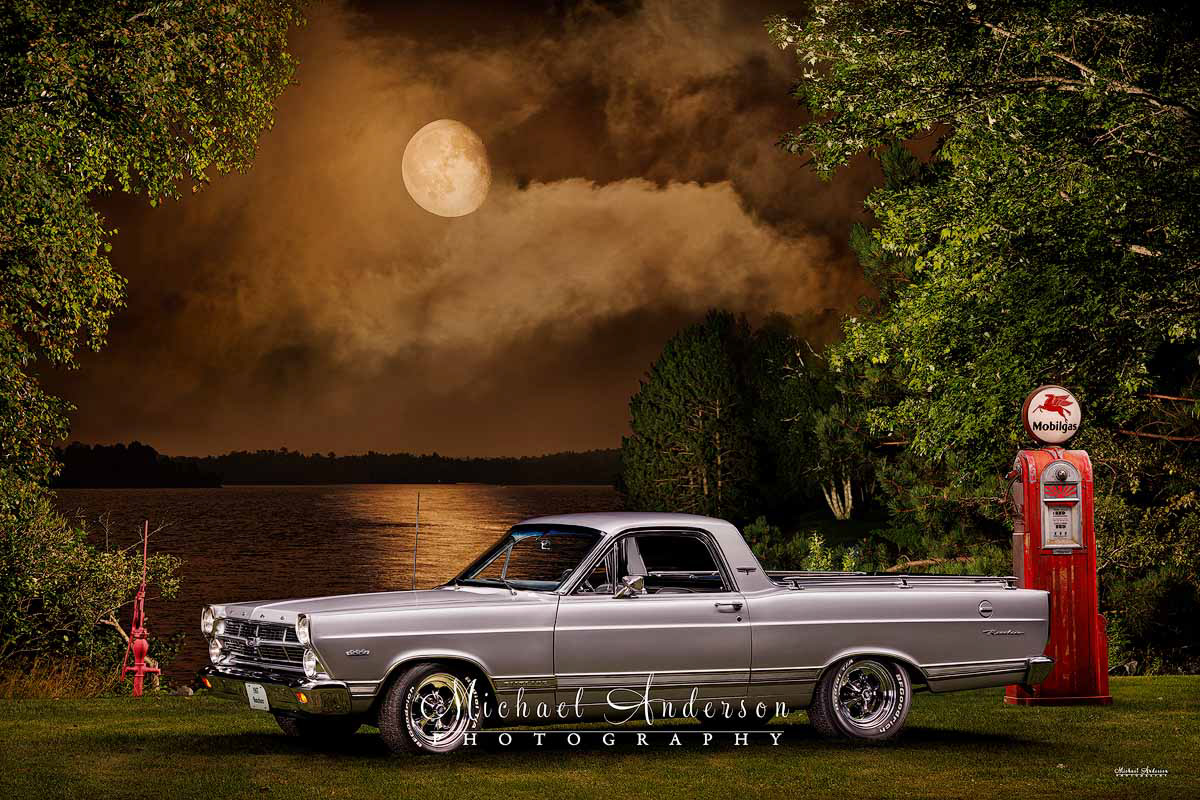 A pretty light painted photograph of a silver1967 Ford Fairlane Ranchero created at at lake in northern Minnesota.