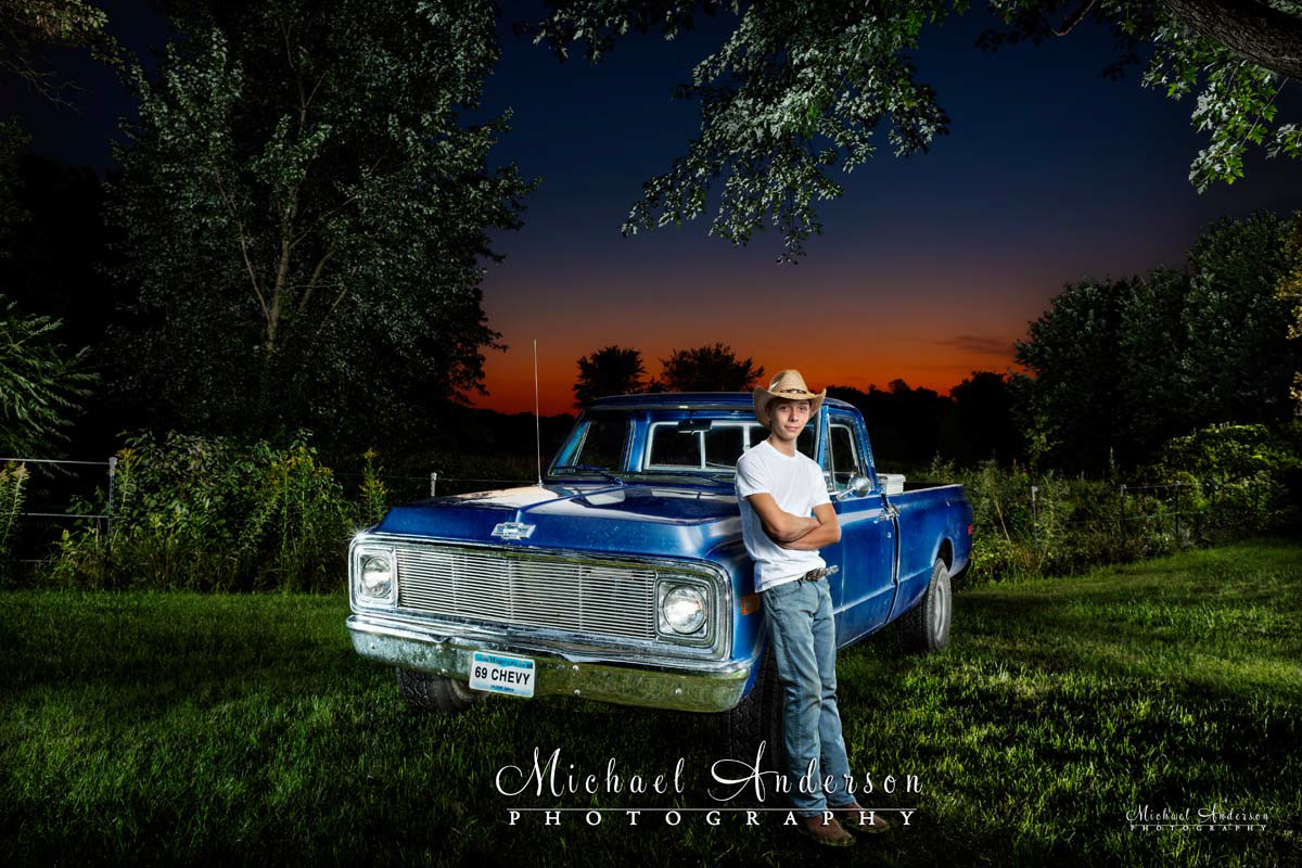 A fun light painted senior portrait of a high school senior and his 1969 Chevy truck.