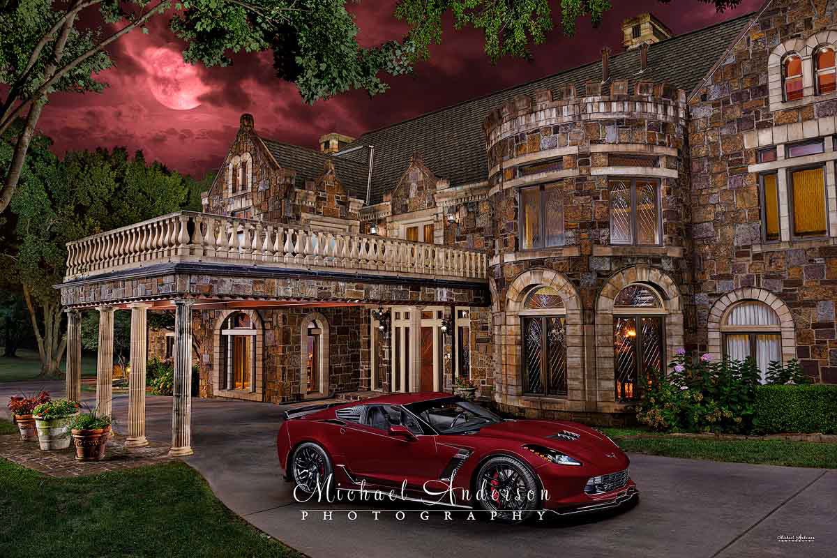 A stunning light painted photograph of a Long Beach Red 2016 C7 Corvette Z06 at a mansion in Oklahoma!