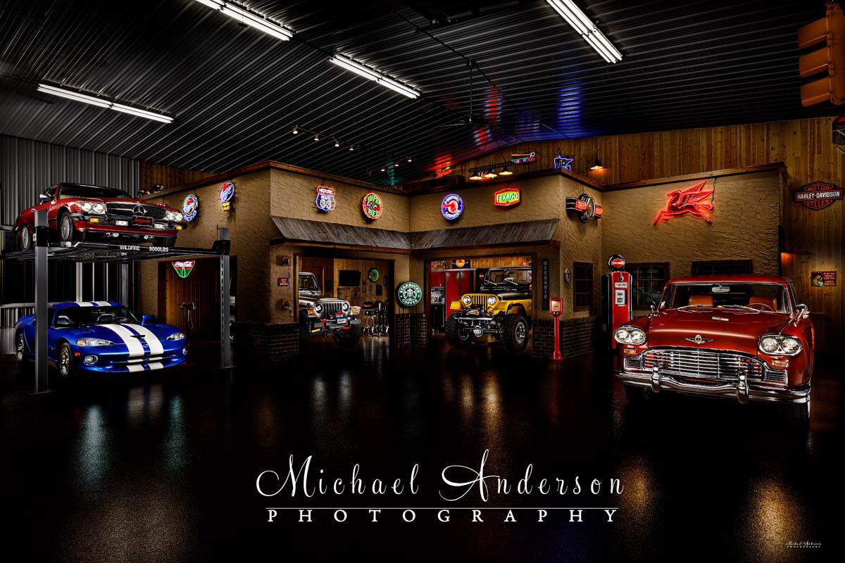 A five-car light painting at a vintage gas station inside a garage condo! The vehicles are a 1966 Checker Marathon Wagon, a 1989 Mercedes 450SL on a Wildfire Lift, a 1996 Dodge Viper GTS Coupe, a 1980 Jeep CJ-5, and a 2003 Jeep Rubicon.