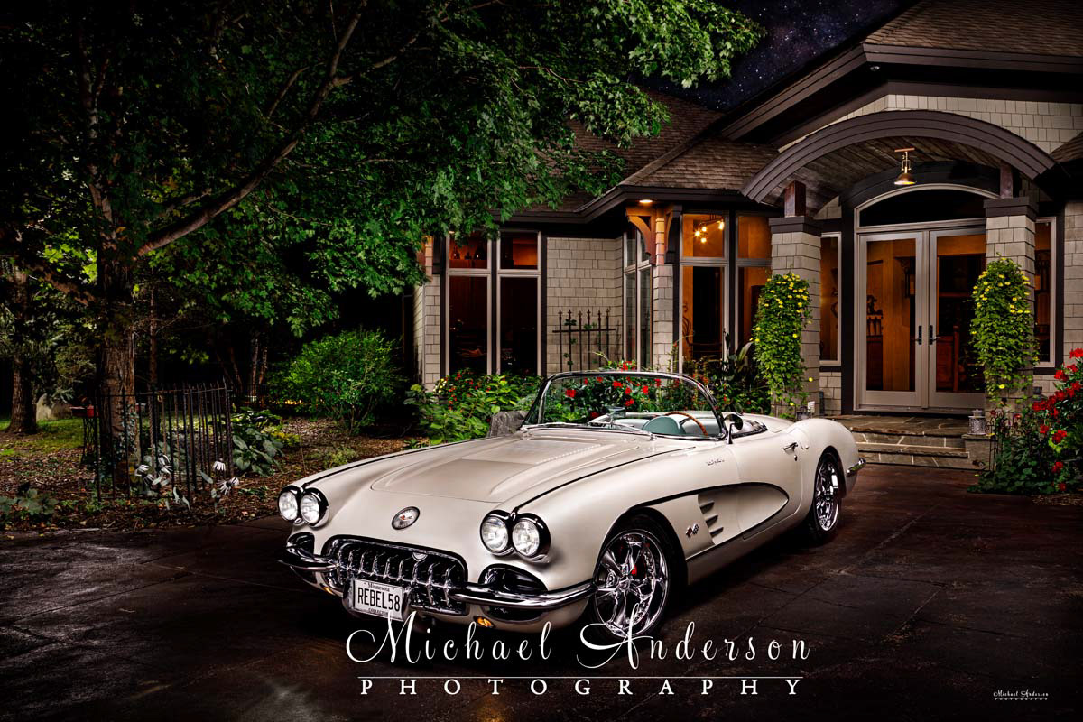 A beautiful light painted photograph of a 1958 C1 Corvette created in the driveway at the client's home.