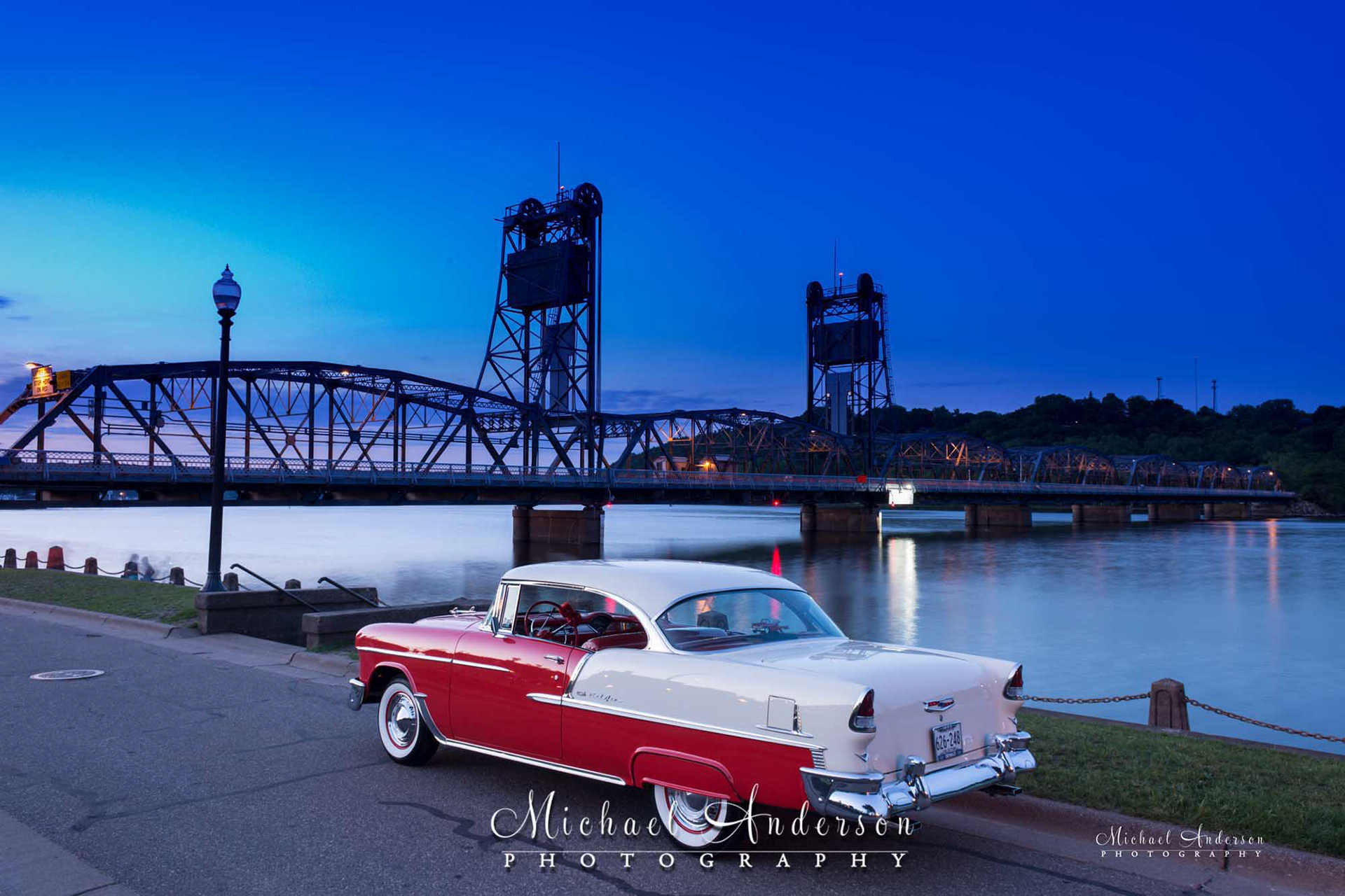 A 1955 Chevrolet BelAir with the Stillwater Lift Bridge in the background before light painting it..