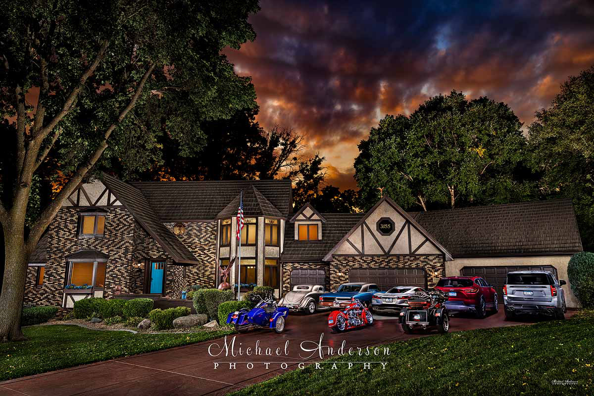 An amazing light painted photograph that includes 8 vehicles as well as the client's beautiful home! The 3 Motorcycles are a 1995 Custom Harley-Davidson Road King, a Custom 2005 Speedway Chopper, a 2022 CVO Harley-Davidson. The other 5 Vehicles are a ’34 Ford 3-Window Coupe, a Marina Blue 1967 Chevelle, a 2023 Z3 Corvette Stingray Coupe 3LT, a 2024 Chevy Blazer AWD, and a 2023 Chevy Tahoe 4WD RST.