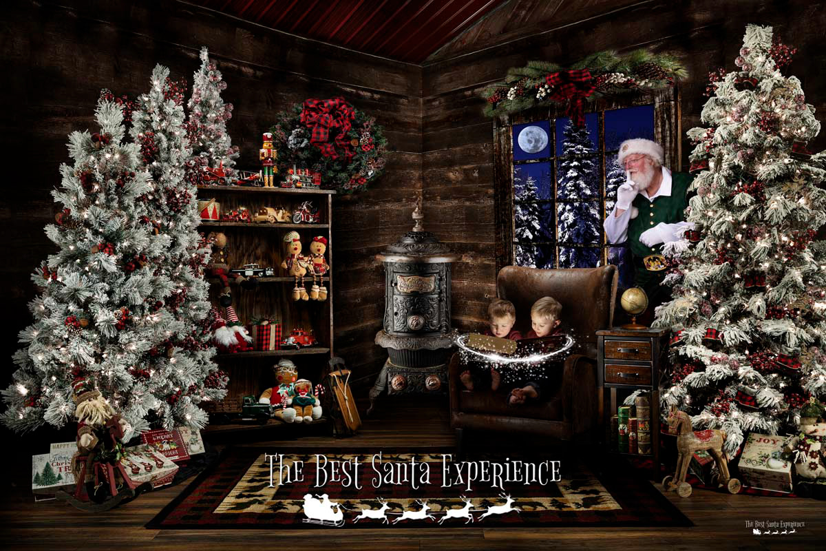 A pretty light painted Christmas photo of Santa Claus and two cute boys in "Santa's Cabin", an adorable set that's part of The Best Santa Experience in Mounds View, MN.