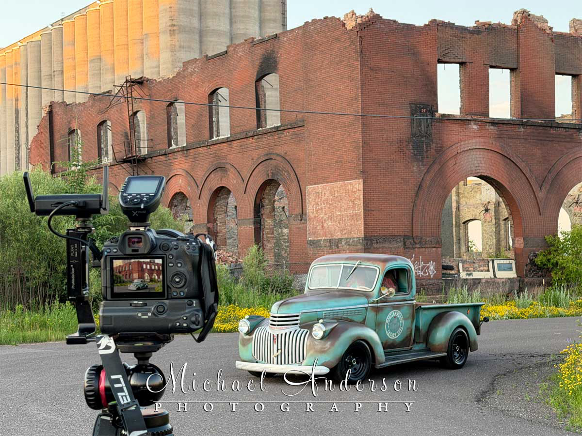 The camera setup for the light-painting of a cool 1941 Chevy AK pickup truck in Superior, WI.