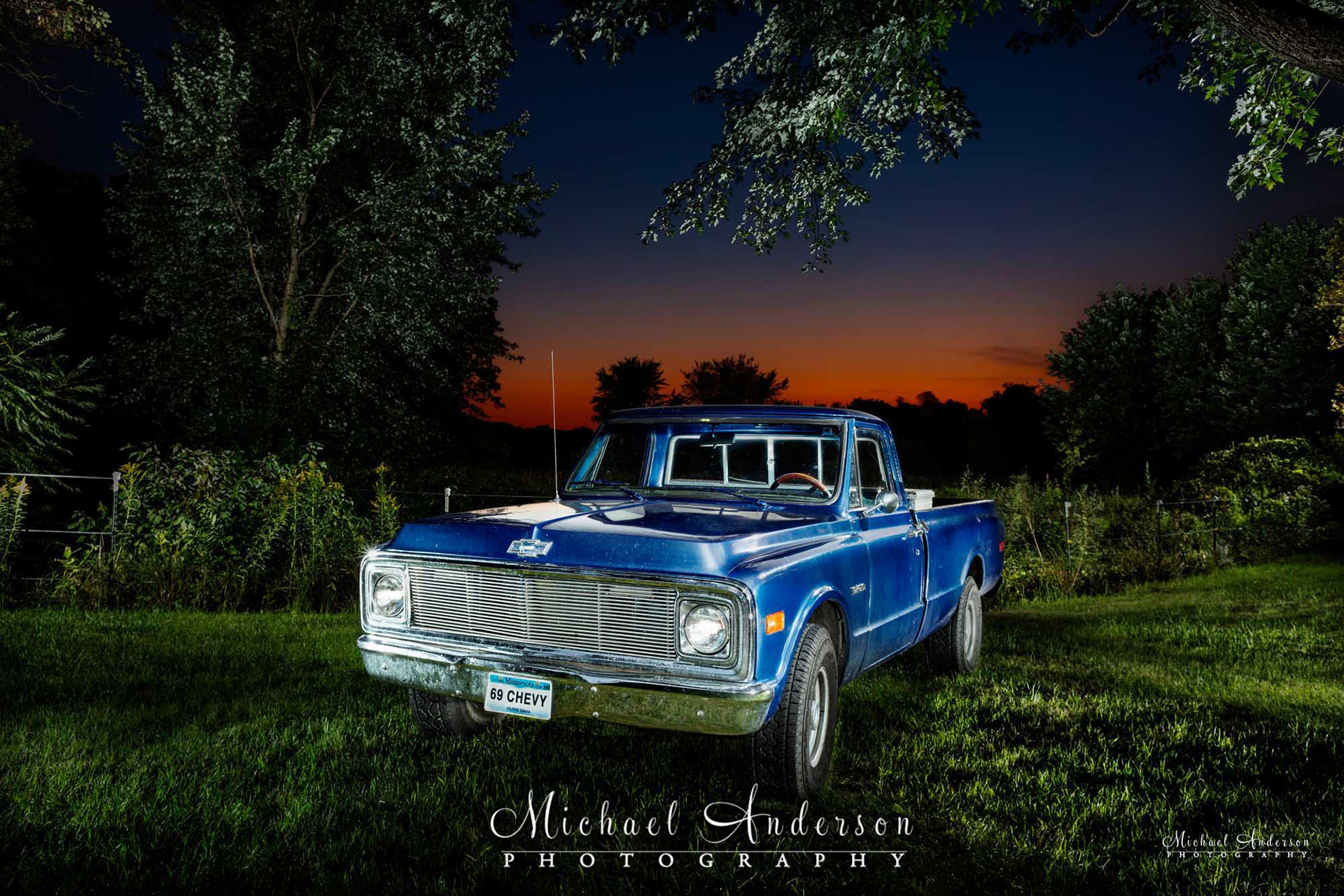 Light painted photo of a blue 1969 Chevy truck.