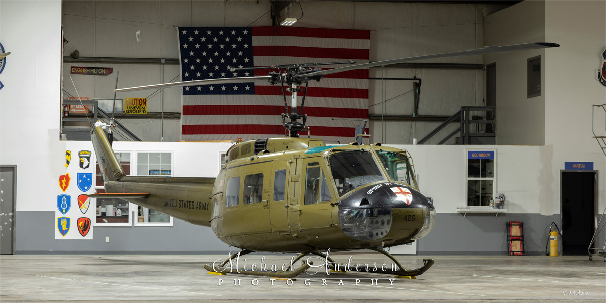 Photo of UH-1H "Huey" N426HF prior to light painting it at the Army Aviation Heritage Foundation & Flying Museum in Hampton, Georgia.