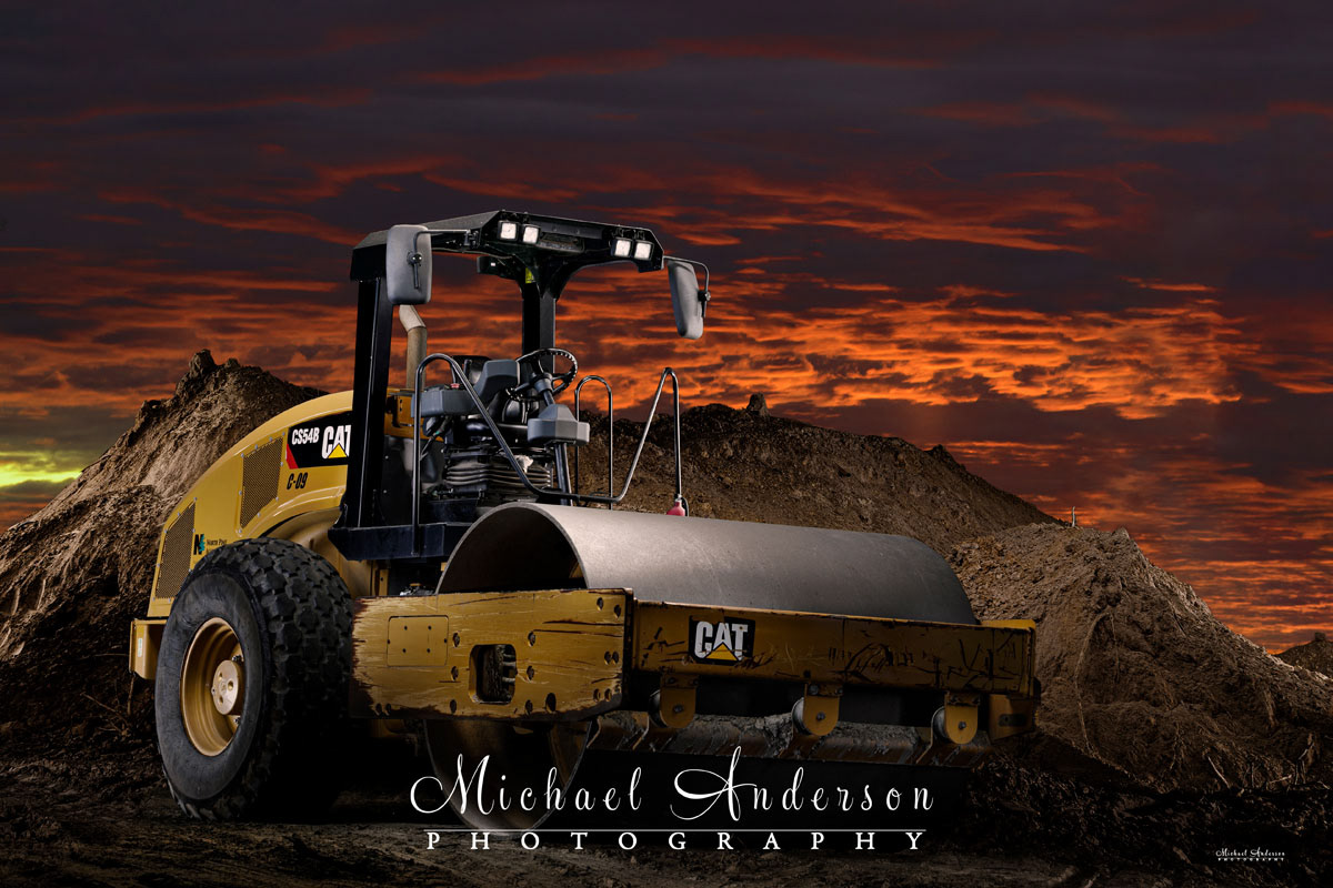 A cool light painted photo of a Caterpillar CS54B Steamroller and an amazing sunset! This piece of heavy equipment is owned and operated by North Pine Aggregate out of Forest Lake, MN.