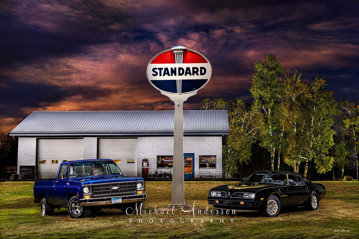 A cool light painted photograph of a 1979 Trans Am (with the nose from a '78) and a 1979 Chevy C10 truck.