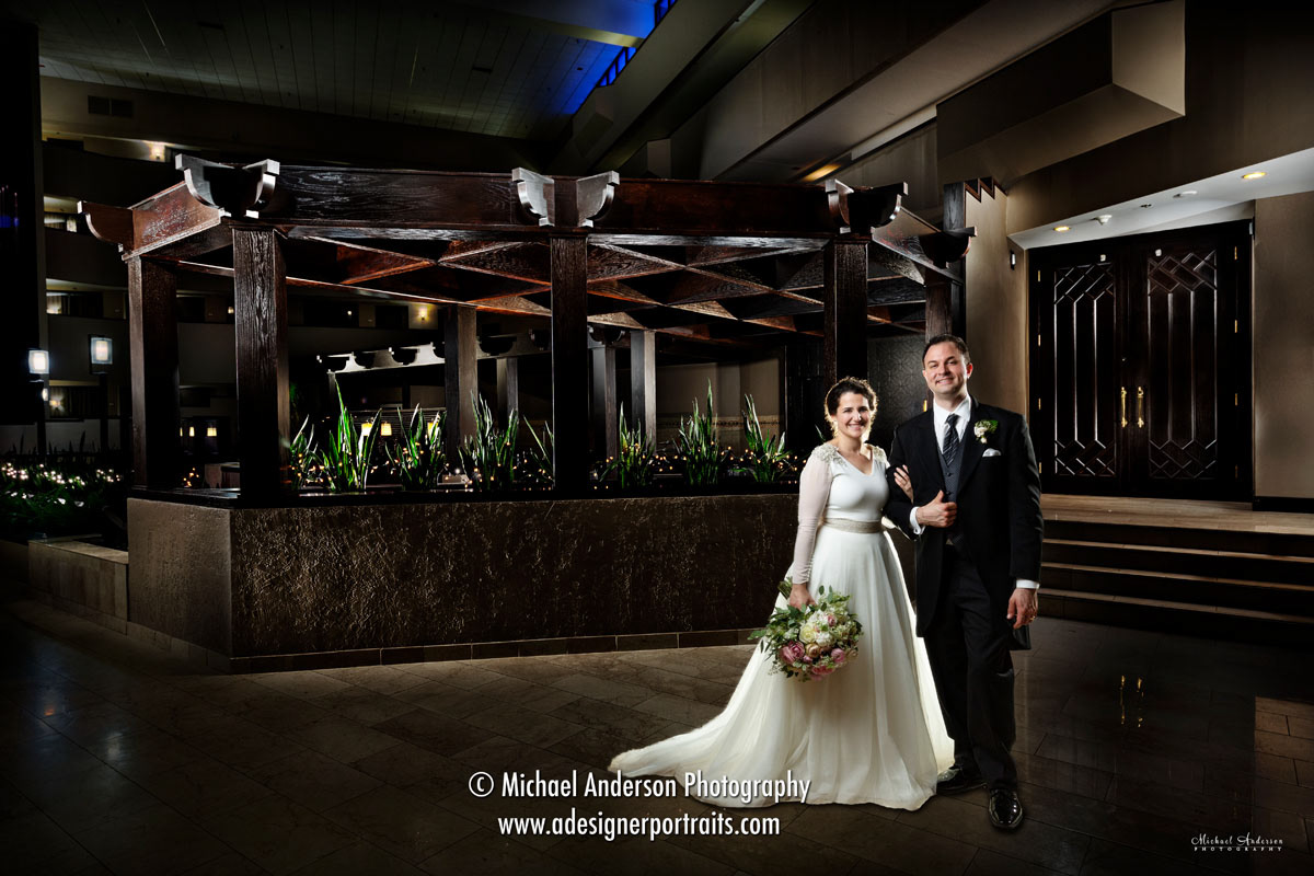 A pretty light painted wedding photo created in the lobby of the Sheraton Minneapolis West Hotel in Minnetonka, MN.