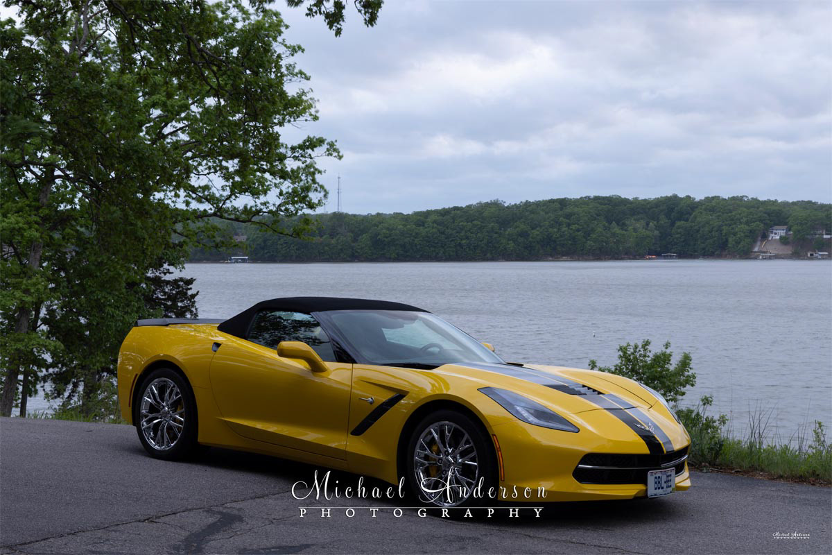 Behind-the-scenes look at a 2014 "Bumble Bee" Yellow Corvette Stingray prior to light painting it by Lake of the Ozarks..