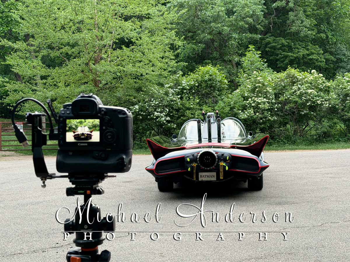 Behind-the-scenes photo of the setup to light-paint the rear-end of the Batmobile.