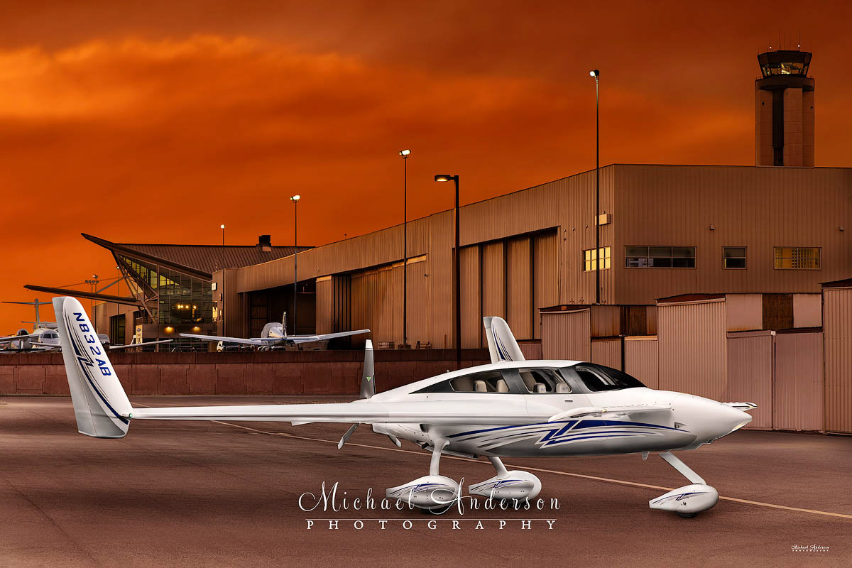 The second light painting of the 2000 Velocity Experimental Aircraft N832AB, this time from the front. Image was created at the Raleigh-Durham International Airport.
