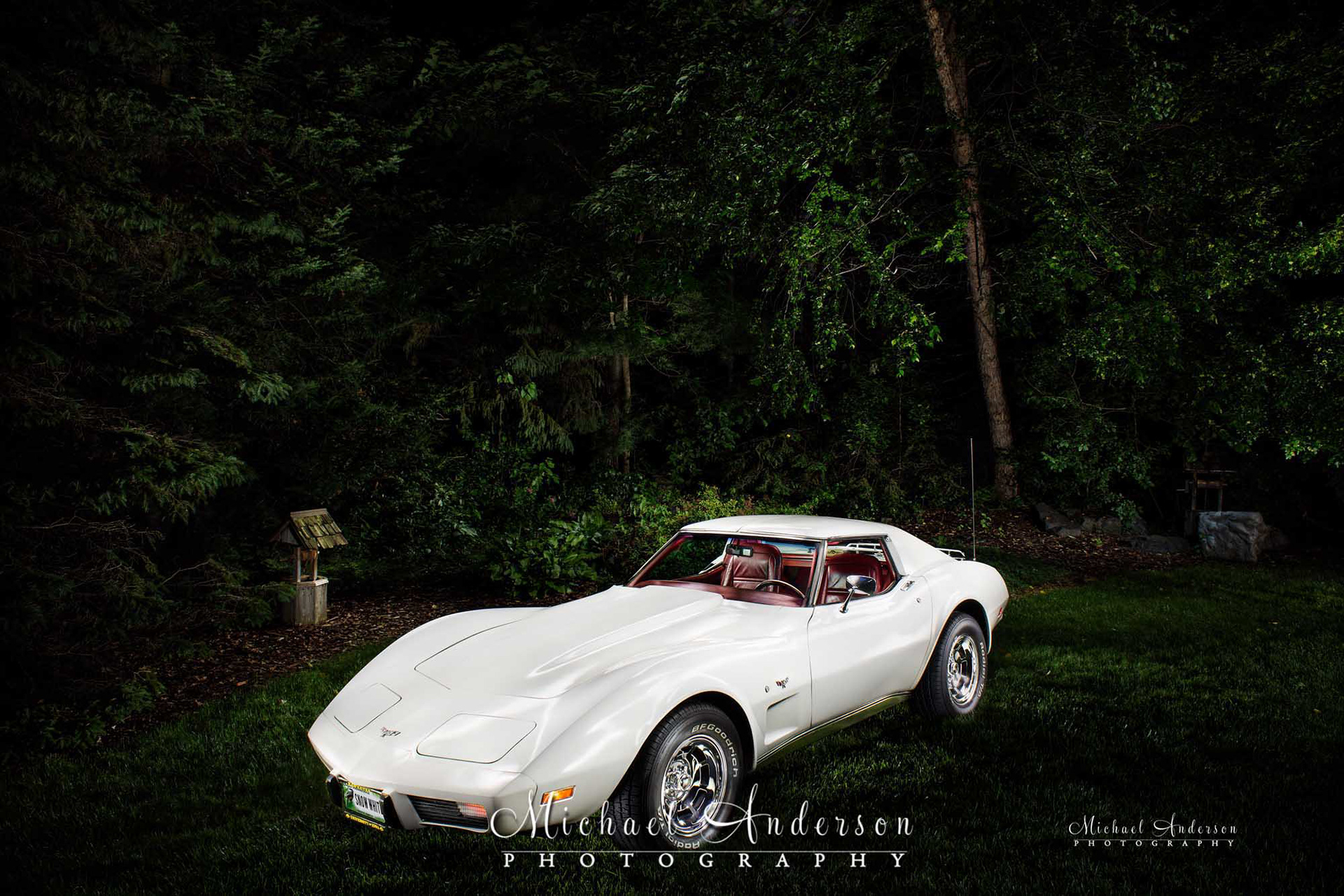 Light painted photo of a 1977 white Corvette