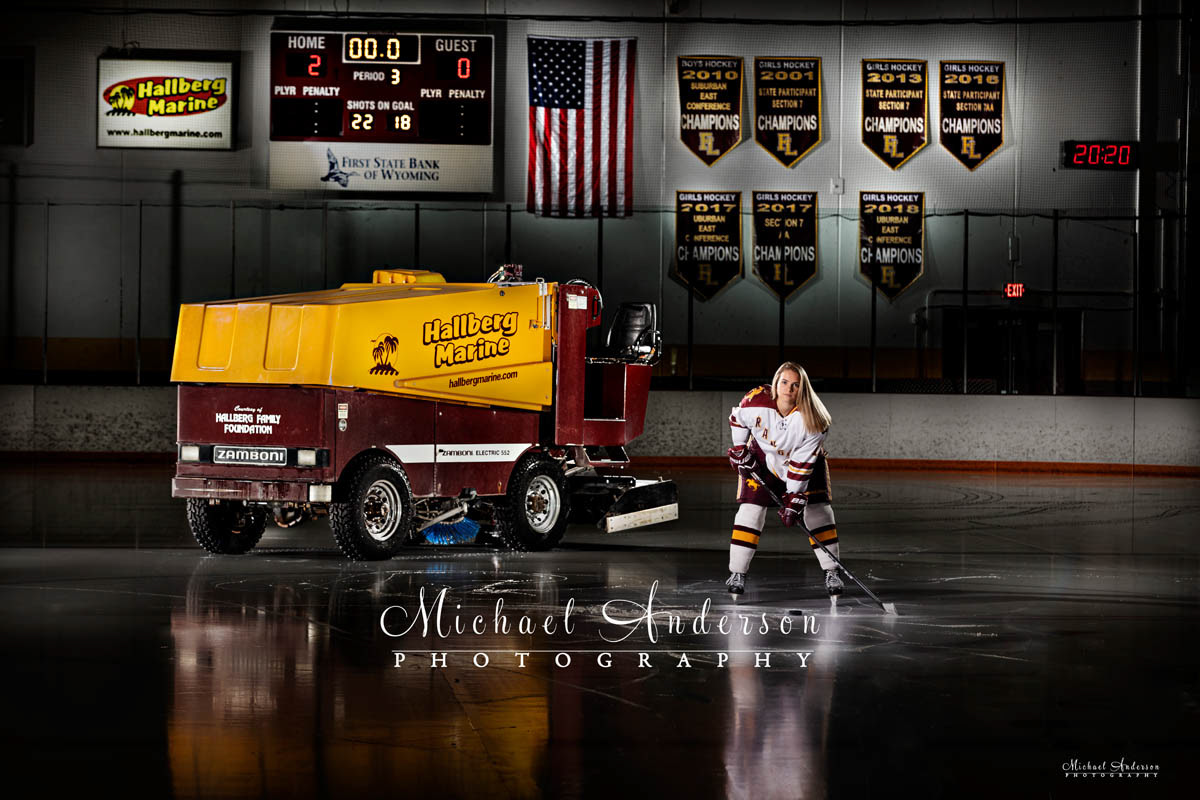 A cool light painted senior photo with a Zamboni! The image was created at Lichtscheidl Arena in Forest Lake, Minnesota.