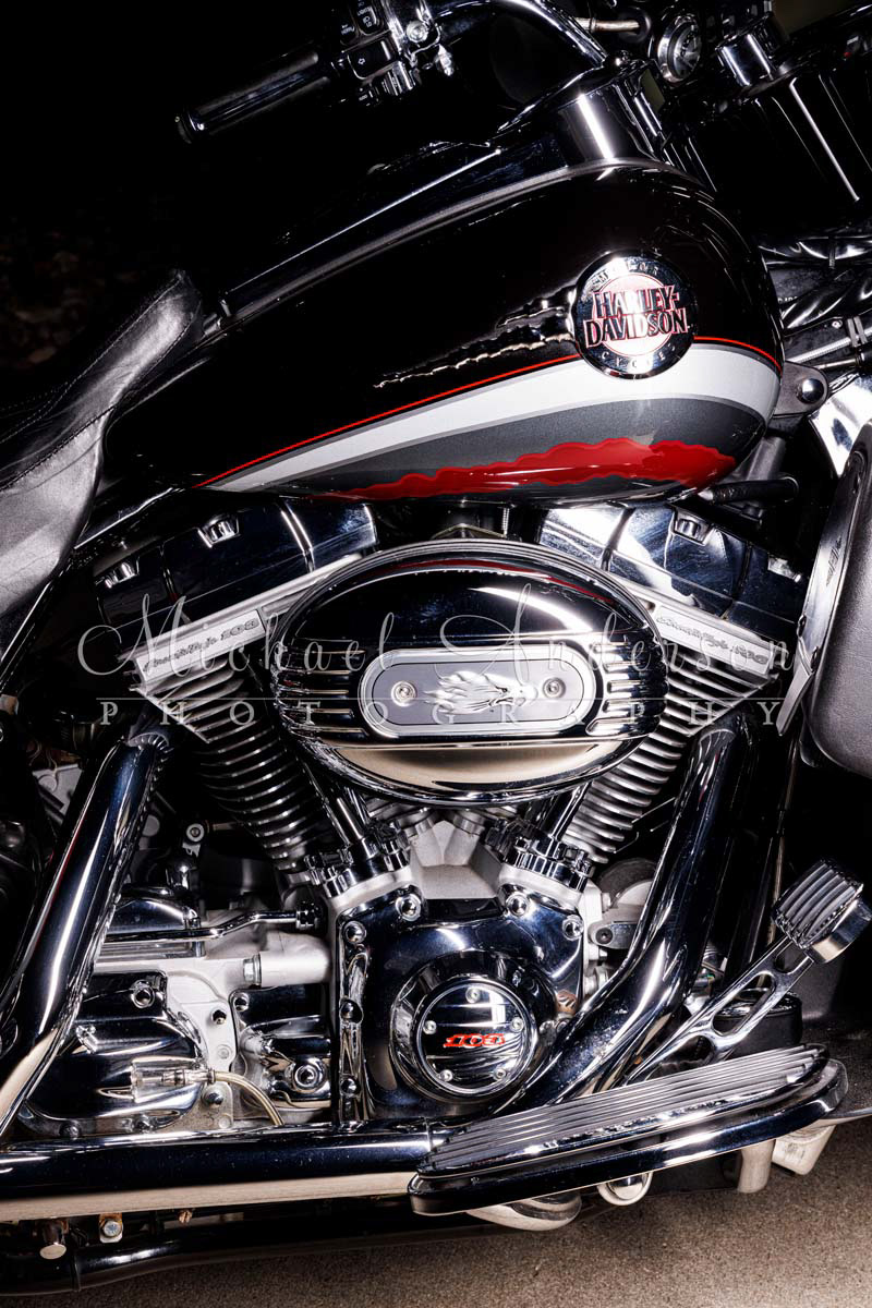 Photograph of a Harley Davidson Screaming Eagle 103 engine taken just prior to light painting it..