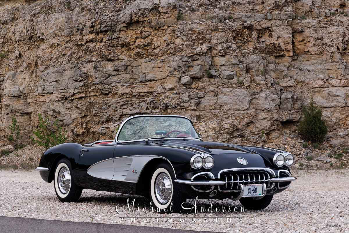 A black and silver 1958 C1 Corvette. This photo was the setup shot before light painting the scene at Lake of the Ozarks, Missouri.