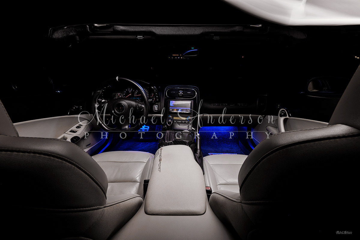 The interior of a 2013, 60th Anniversary, Corvette Grand Sport 3LT just before light painting it.