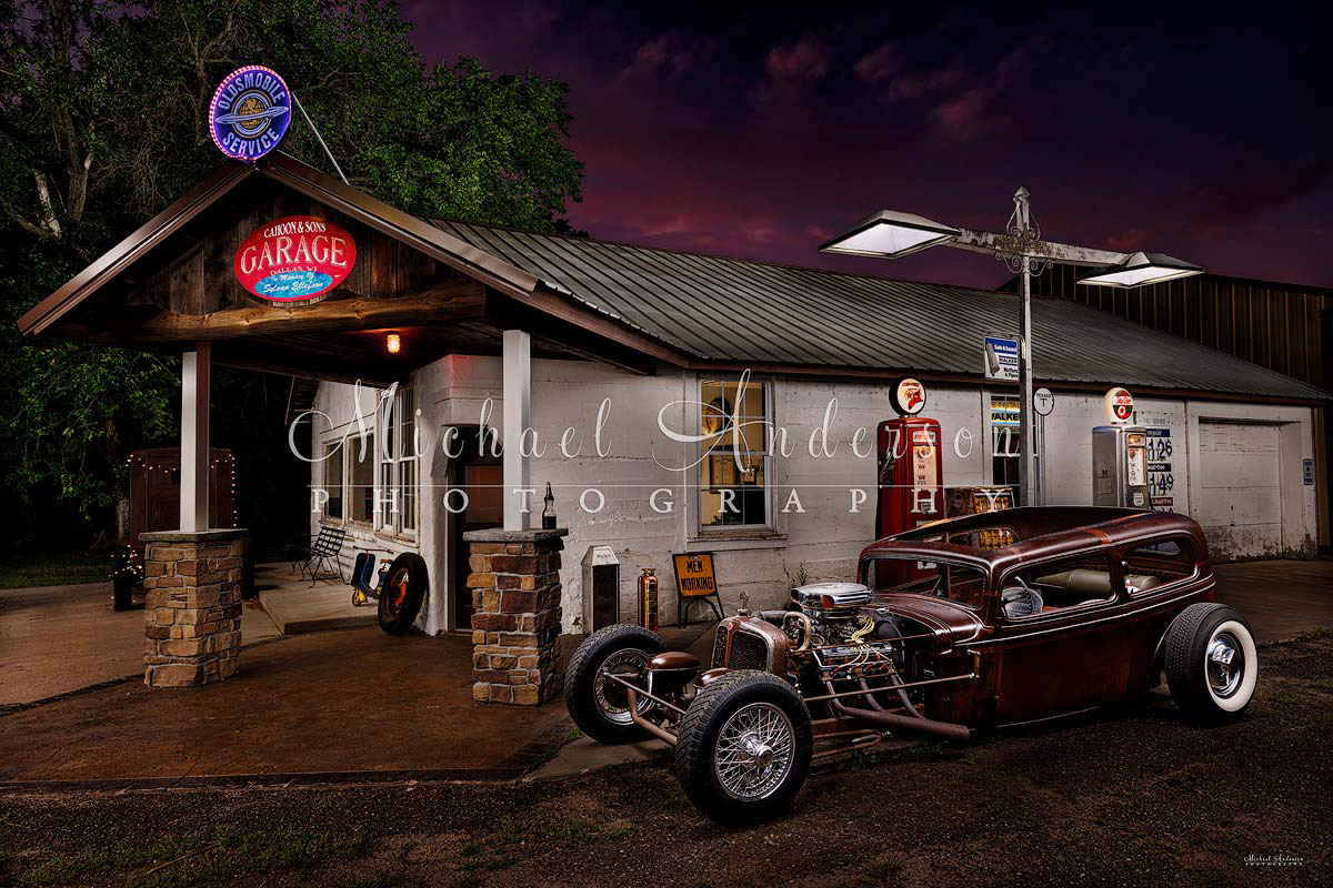 A cool light painted photo of a 1933 Chevy 2-Door Sedan (Rat Rod).