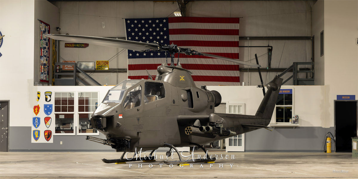 Photo of AH-1F “Cobra” N826HF prior to light painting it at the Army Aviation Heritage Foundation & Flying Museum in Hampton, Georgia.
