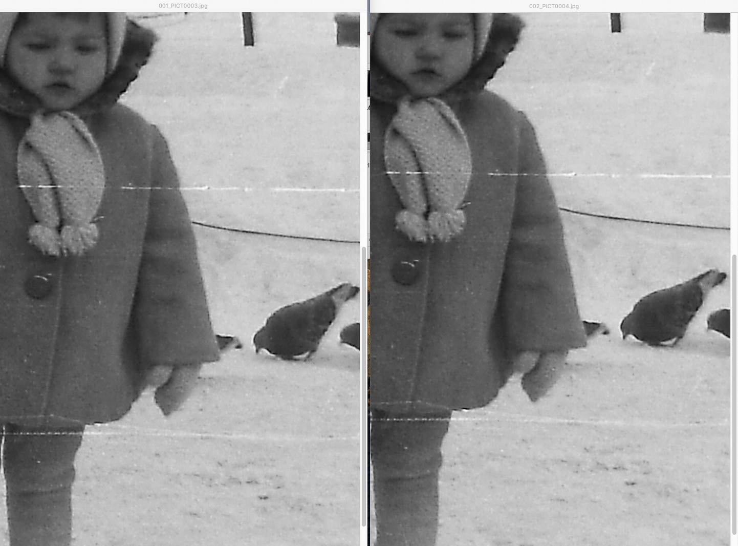 Trudno dopatrzyć się dużej różnicy pomiędzy skanem 5MP (po lewej) i 10 MP. Jeżeli chodzi o artefakty JPEG to skan 10MP wydaje się być minimalnie lepszy