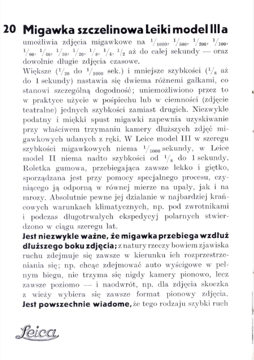 Strona z "LEICA kamera nowoczesna", 1935. Prawa autorskie nieznane. Prawdopodobnie E. LEITZ Wetzlar