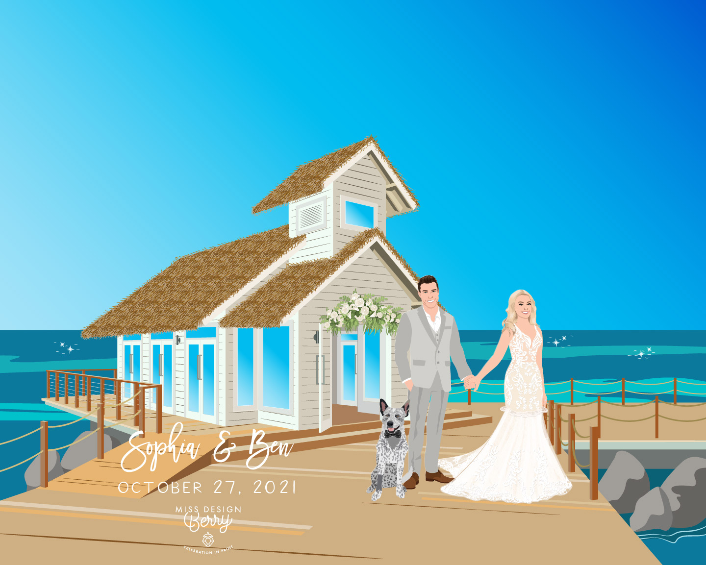 Couple illustration with venue and pet